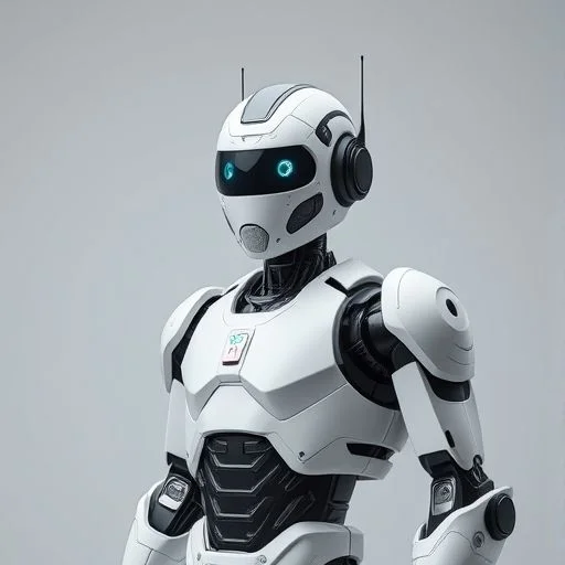 A sleek, futuristic robot glowing with cyan and violet light in a digital environment.