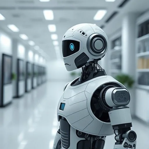 Abstract futuristic cityscape or environment with integrated robotic infrastructure, subtly glowing with technological light.