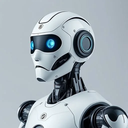 Advanced robotic arm interacting with a holographic user interface displaying complex data visualizations in cyan and violet.