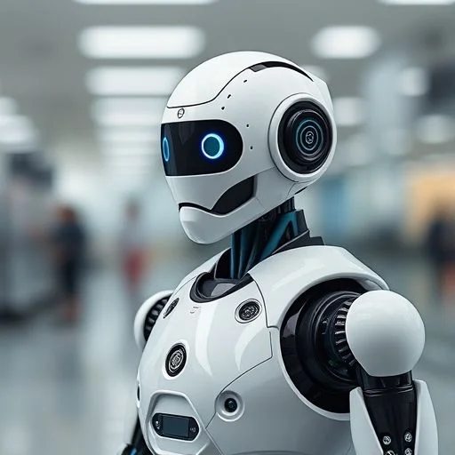 Minimalist silhouette of a sleek, abstract robot standing confidently, looking towards a vibrant, soft gradient horizon of cyan and violet light.